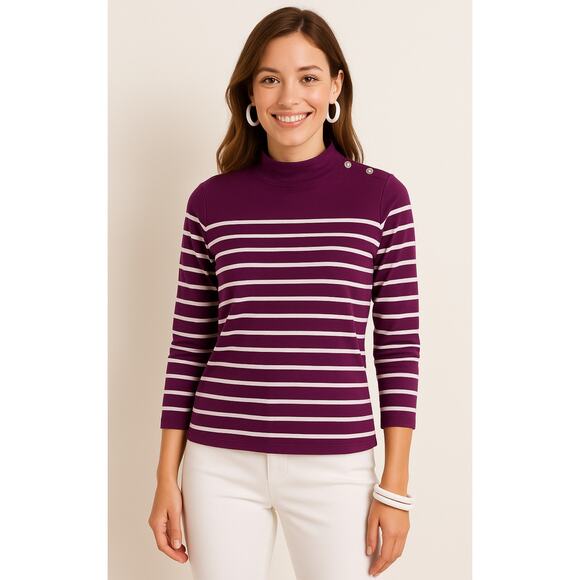 Talbots 100% Cotton Purple Striped Long Sleeve Top Size Small Shoulder Button - Picture 1 of 9